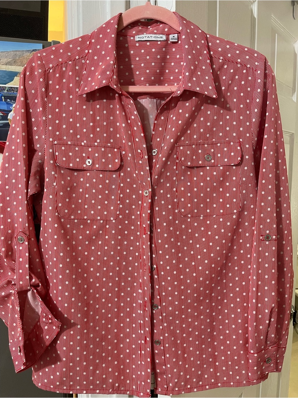 2 Notations Pink-Red Polka Dot Button-Front Blouse and black and white striped.